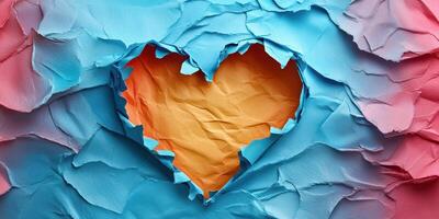 Colorful heart created from torn paper against a vibrant backdrop showcasing creativity in a playful and artistic manner photo