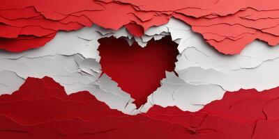 Torn paper heart reveals love behind a vibrant red and white background in an artistic display of emotion and creativity photo