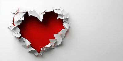 Broken paper reveals a vibrant red heart symbolizing love and affection in a minimalist setting photo