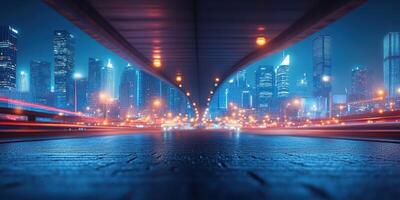City skyline illuminated at night with vibrant lights and smooth traffic flow beneath an overpass photo