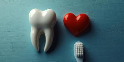 Promoting dental health with a white tooth and a heart symbol alongside a toothbrush on a blue surface photo