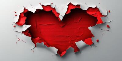 Heart shape revealed through torn wall showcasing vibrant red color and texture in an artistic representation of love photo