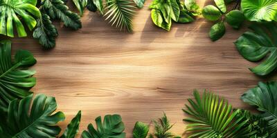 Lush green leaves arranged around a wooden surface showcasing the beauty of nature in a serene setting photo