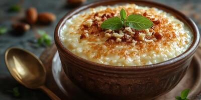 Delicious bowl of creamy rice pudding garnished with nuts and mint on a rustic wooden table photo