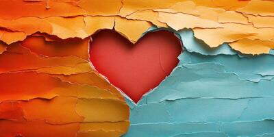 Colorful torn paper art depicting a heart shape with vibrant orange and blue hues in a creative arrangement photo