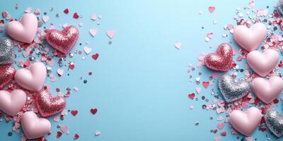 Colorful heart decorations scattered on a blue background create a festive and cheerful atmosphere for celebrations and events photo