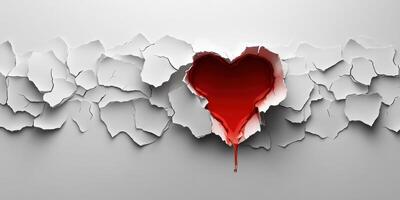 Heart breaks through cracked wall showing emotions in red paint during a creative art project photo