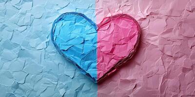 Heart made of crumpled paper divided into blue and pink sections on textured background photo