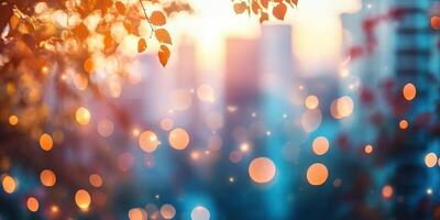 Bokeh lights and sunset hues create a tranquil urban atmosphere in the city skyline photo