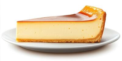 Caramel flan slice served on a white plate in bright kitchen setting photo