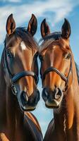 Two horses standing close together against a bright blue sky during the afternoon sunshine photo