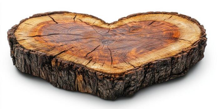 Heart-shaped wooden slab crafted from natural timber with rich textures and patterns perfect for decor or craft projects photo