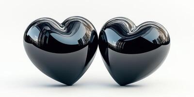 Two glossy black heart shapes placed close together on a light background symbolize love and connection photo
