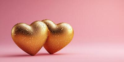 Shiny golden hearts symbolize love and togetherness against a soft pink background photo
