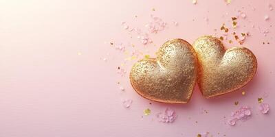 Two golden heart-shaped decorations on a soft pink background with scattered floral confetti and shimmering gold accents photo