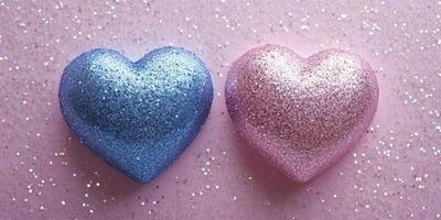 Shimmering decorative hearts in blue and pink with glitter against a sparkling backdrop photo
