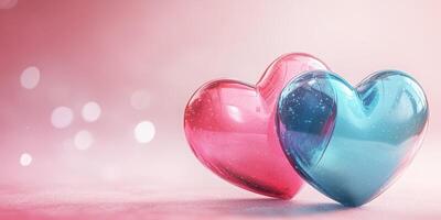 Two colorful glass hearts representing love and connection on a soft background during a romantic evening photo