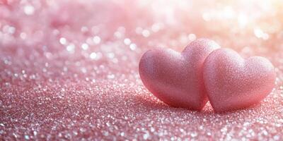Two sparkling pink hearts create a romantic atmosphere on a shimmering background filled with soft glitter photo