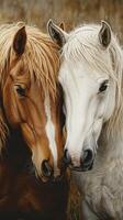 Two horses with contrasting coats together in a natural setting during golden hour photo