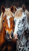 Two horses, one brown and one spotted, standing closely together in a warm light creating a serene moment of friendship photo