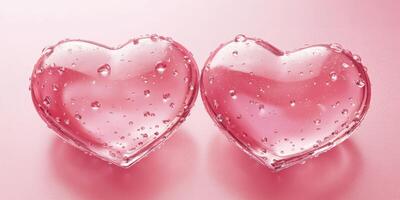 Two pink heart-shaped objects with droplets on a soft pink background create a romantic and dreamy atmosphere photo