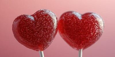 Colorful heart-shaped lollipops on sticks arranged against a soft pink background photo