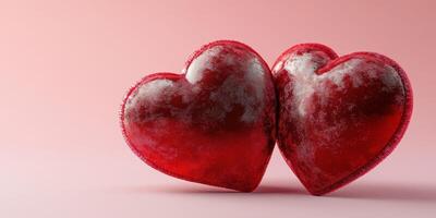 Soft red velvet hearts symbolizing love and connection on a pastel pink background, perfect for romantic occasions and celebrations photo