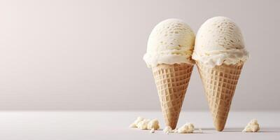 Delicious ice cream cones with two scoops on a clean white background during a sunny day photo