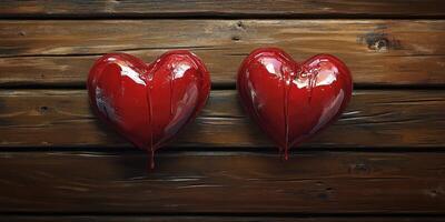 Two glossy red heart shapes on a rustic wooden background with a dripping effect photo