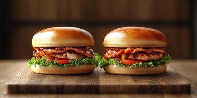 Delicious bacon burgers with fresh lettuce and tomato in a rustic setting perfect for a hearty meal photo