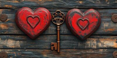 Decorative hearts and vintage key on rustic wooden wall photo