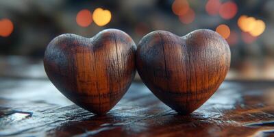 Wooden hearts symbolize love and connection on a warm, inviting surface during a cozy evening gathering photo