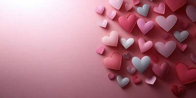Colorful paper hearts scattered across a soft pink background for romantic decoration photo