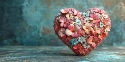 Colorful heart made of flowers sits on a textured surface with blue and brown tones enhancing its beauty photo