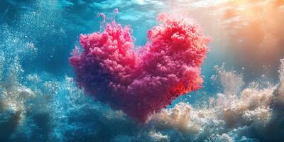 Colorful heart-shaped cloud formation creates a stunning visual under the ocean surface in bright sunlight photo