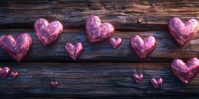 Colorful pink hearts arranged on a wooden surface create a romantic atmosphere for celebrations photo