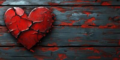 Cracked red heart on weathered wooden surface evokes feelings of loss and nostalgia photo
