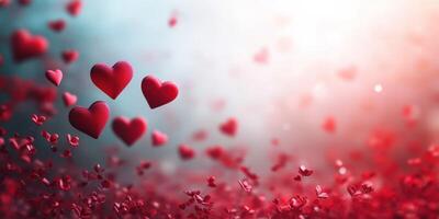 Floating red hearts create a romantic atmosphere against a soft blue and white background photo