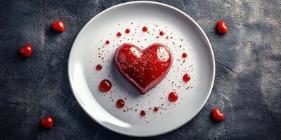 Heart-shaped dessert on a white plate surrounded by red decorations creates a romantic atmosphere for special occasions photo
