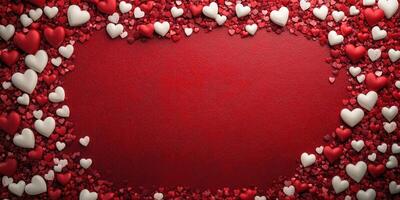 Colorful heart decorations surround a blank space on a vibrant red background for special occasions and celebrations photo