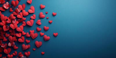 Heart shapes scatter across a vibrant blue background for a festive celebration of love photo