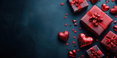 Festive arrangement of red and patterned gifts with heart shapes for a special celebration on a dark background photo