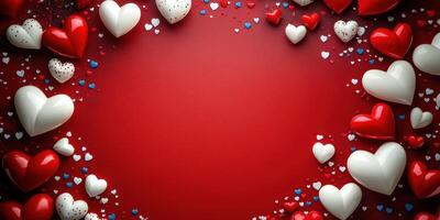 Colorful hearts arranged in a heart shape on a red background for a festive celebration or romantic occasion photo