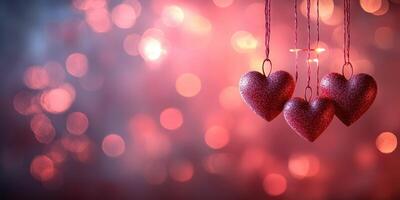 Decorative hearts hanging against a vibrant bokeh background during a festive celebration photo