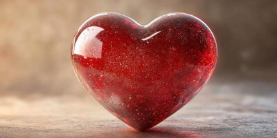 Heart-shaped red glass sculpture sparkles under warm lighting in a softly blurred background photo