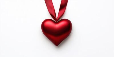 Heart-shaped red decoration hanging on a ribbon against a plain white background photo