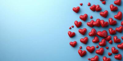 Red hearts scattered artistically on a light blue background for romantic occasions and celebrations photo