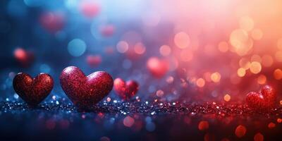 Glittering red hearts shine on a sparkling surface with a soft blue and orange bokeh background during a romantic setting photo