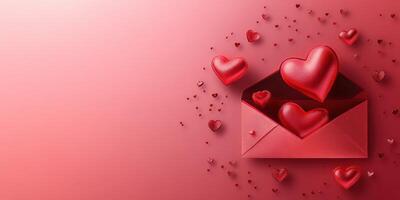 Heart-shaped decorations spilling from a red envelope against a soft gradient background enhancing a romantic atmosphere photo