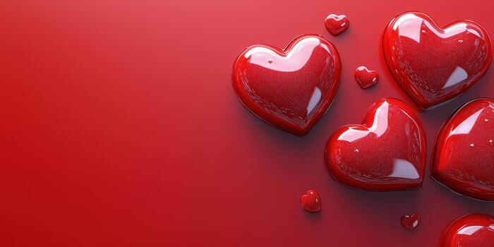 Various glossy red hearts scattered on a red background, symbolizing love and affection during Valentine's Day celebration photo